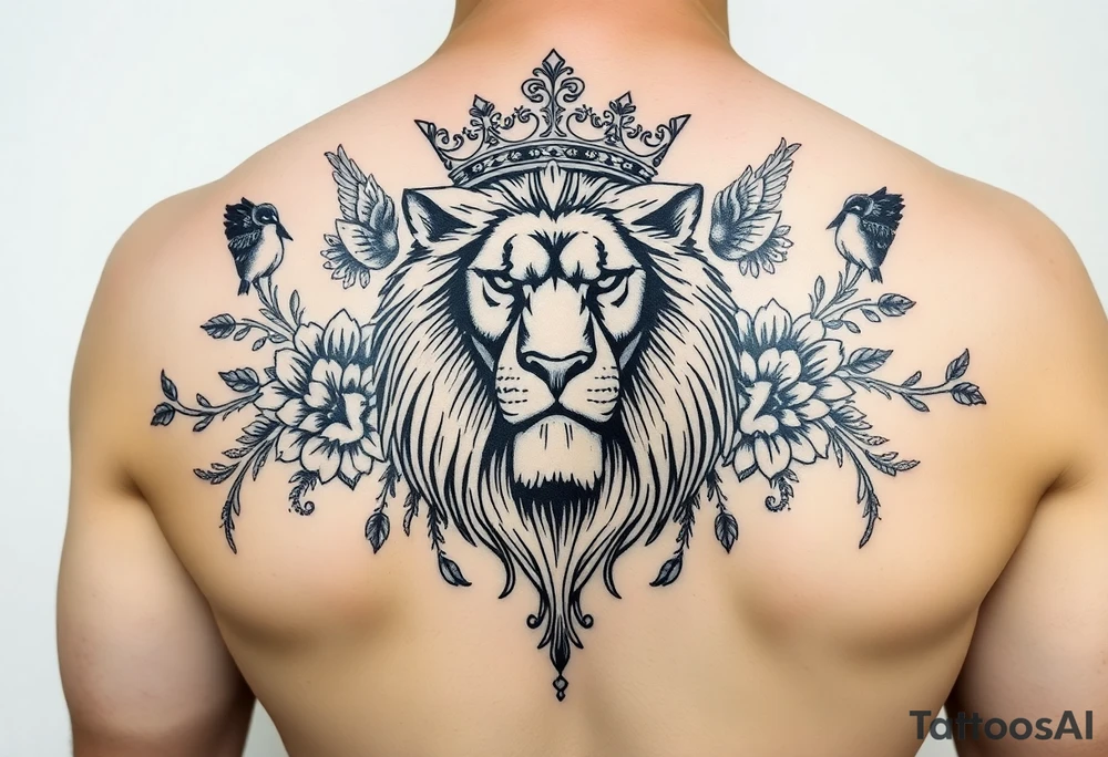 powerful majestic lion with a crown, surrounded by floral ornaments and birds tattoo idea