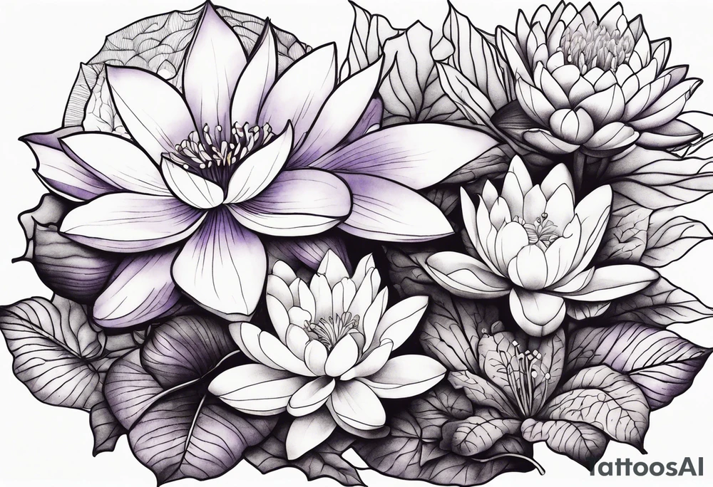 bouquet of violet, water lily, and holly tattoo idea