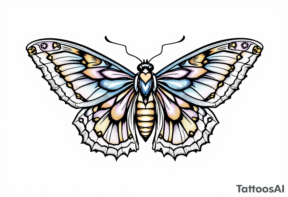 A delicate moth with intricately patterned wings, adorned with soft pastel hues of lavender, pale pink, and light blue. The wings are outlined in fine black ink to accentuate the details, with small golden accents at the tips of the wings, symbolizing enlightenment and transformation. In the center of the moth’s body, a small heart-shaped symbol is subtly integrated, representing love. tattoo idea