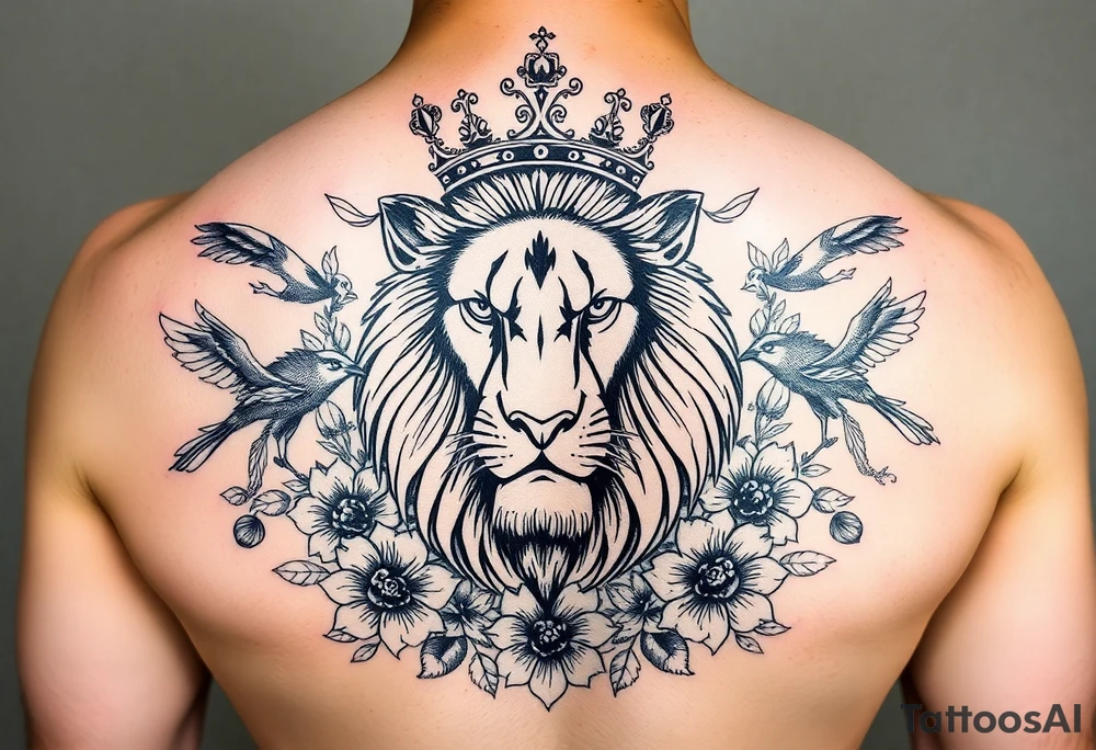powerful majestic lion with a crown, surrounded by floral ornaments and birds tattoo idea