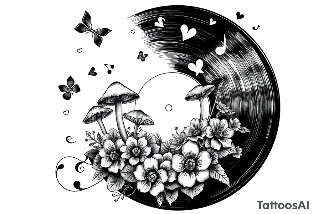 vinyl record with mushrooms, flowers, hearts, and music notes tattoo idea