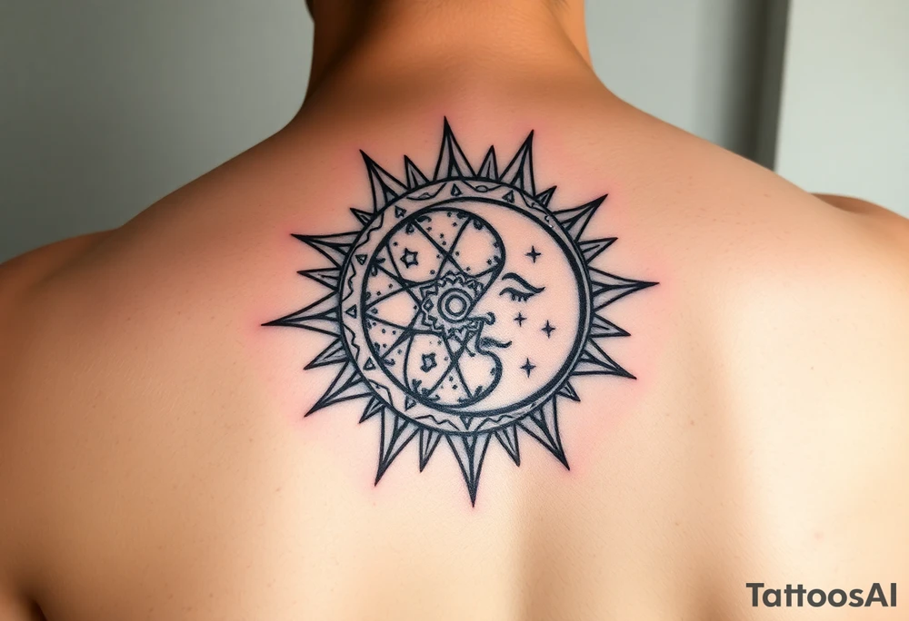 celestial sun and moon embrace with constellation patterns tattoo idea