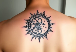 celestial sun and moon embrace with constellation patterns tattoo idea