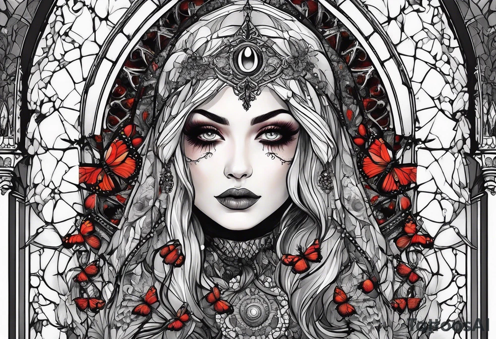 Gothic cathedral with beauty girl face with horror eyes and insects tattoo idea