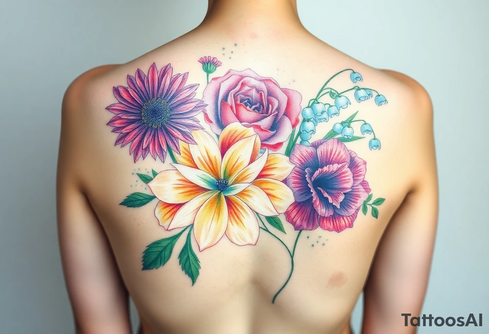 Bouquet of flowers with a aster, carnation, rose, Lily of the valley, delphinium with stems Starting upper middle back to right shoulder tattoo idea