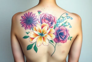 Bouquet of flowers with a aster, carnation, rose, Lily of the valley, delphinium with stems Starting upper middle back to right shoulder tattoo idea