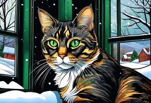 a tortishell cat with colors black, tan,and grey. Green eyes. the cat is laying in a window with snow in the background. the cat has wings and a halo tattoo idea