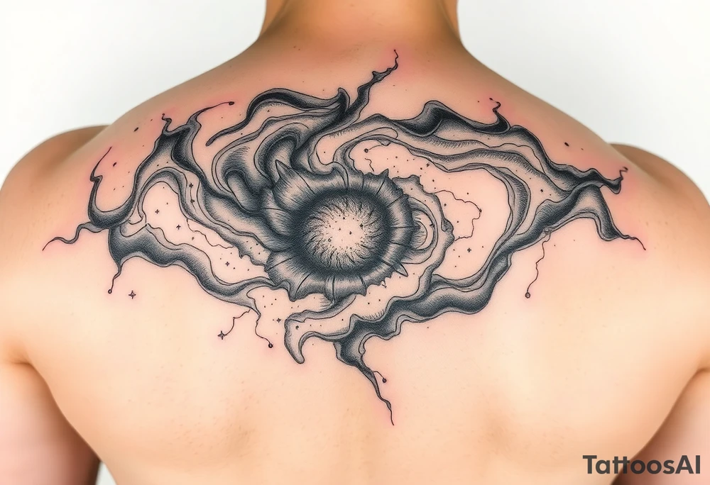 swirly smoky flowing galaxy with stipple shading tattoo idea