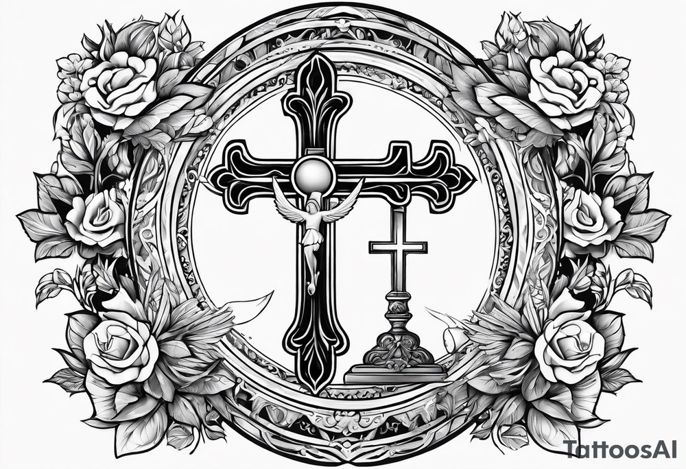 catholic cross with prayer hands and dove tattoo idea