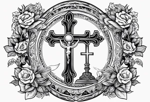 catholic cross with prayer hands and dove tattoo idea