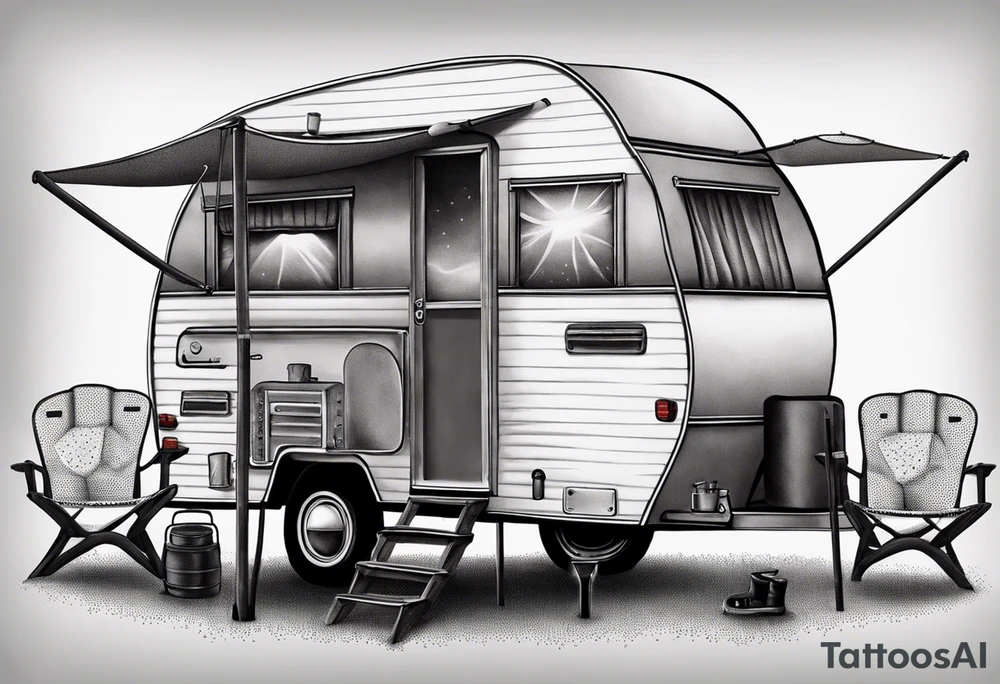 Small camper trailer with campfire and four chairs tattoo idea