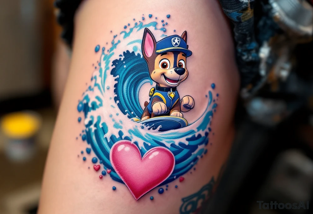 Zuma from Paw Patrol riding a wave with a heart-shaped splash, the wave in shades of turquoise and ocean blue, symbolizing the flow of love and adventure. The heart-shaped splash has soft pink and white details for a romantic touch. tattoo idea
