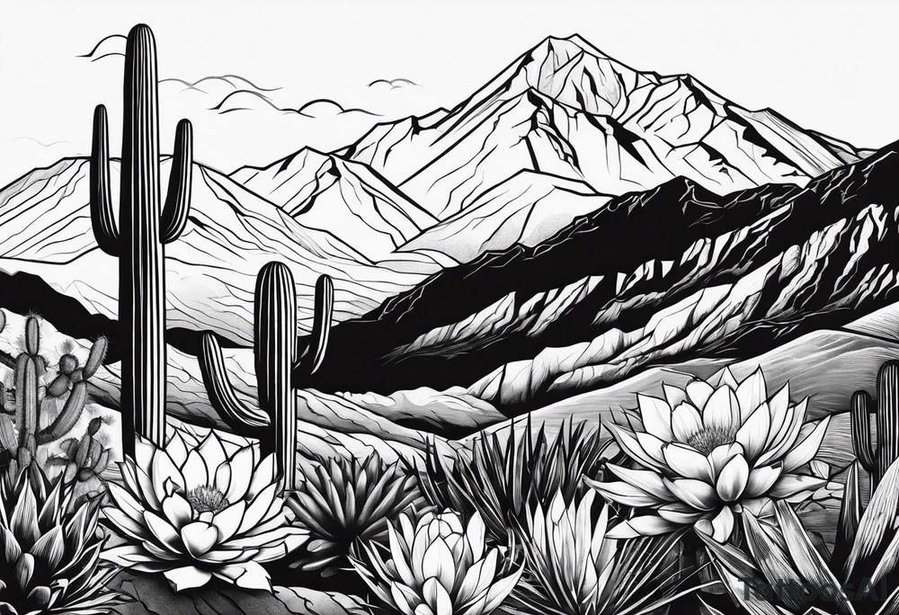 Mountains,  cactus, bird, forearm tattoo idea