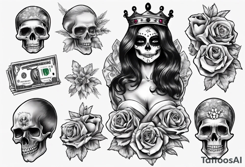 santa la muerta with money and crown tattoo idea