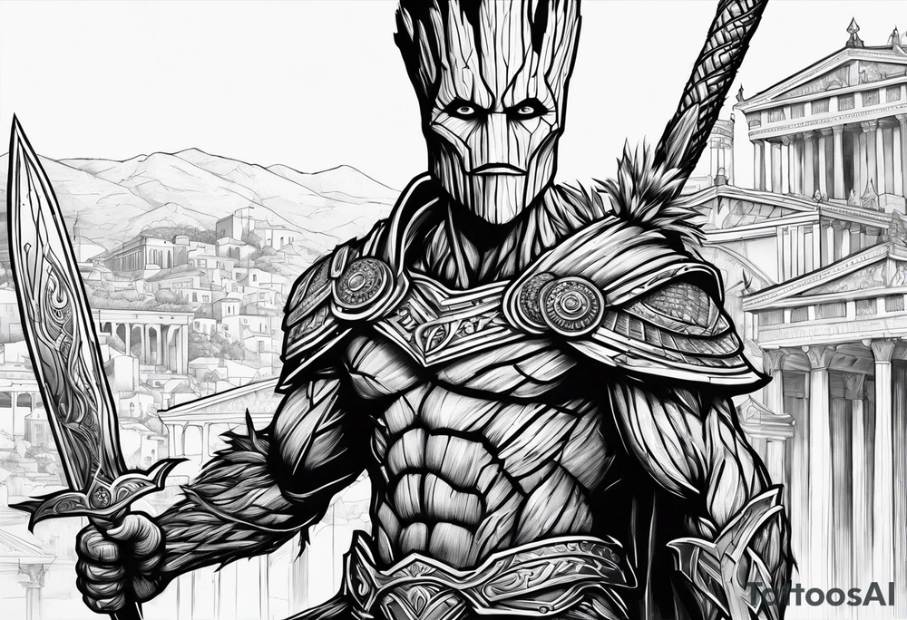 Groot greek warrior, half viewed with sword, knight, buildings are behind tattoo idea