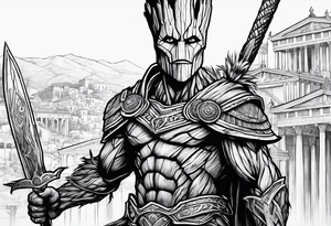 Groot greek warrior, half viewed with sword, knight, buildings are behind tattoo idea