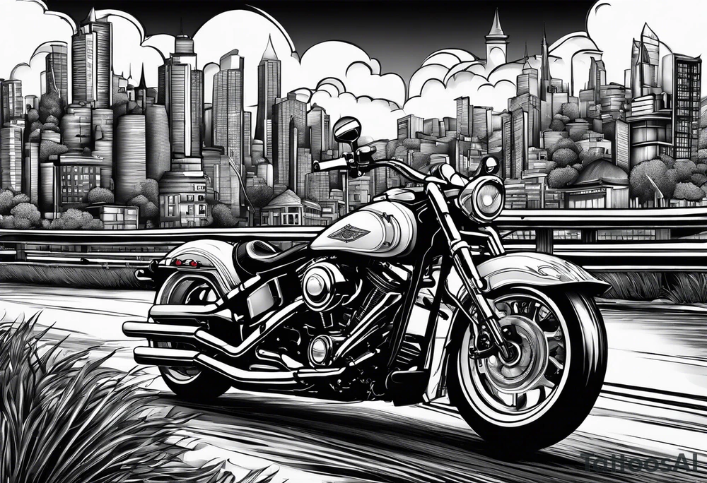 cards fanned over a city with a motorcycle on the road tattoo idea