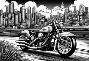 cards fanned over a city with a motorcycle on the road tattoo idea