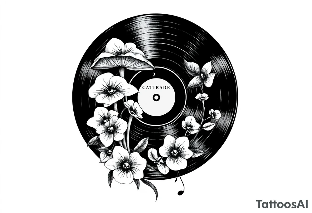 one vinyl record with mushrooms, orchids, and music notes around it tattoo idea