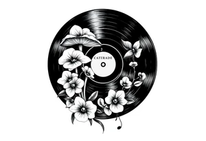 one vinyl record with mushrooms, orchids, and music notes around it tattoo idea