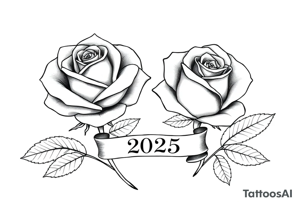 two beautiful large rose buds, one larger than the other, with lots and lots of leaves next to the rose buds, with one sitting slightly higher than the other, side-by-side.  Include a banner connecting the two roses with the year 2025 on it.   Use dark outlines with little shading. Remove all stems from the roses. tattoo idea