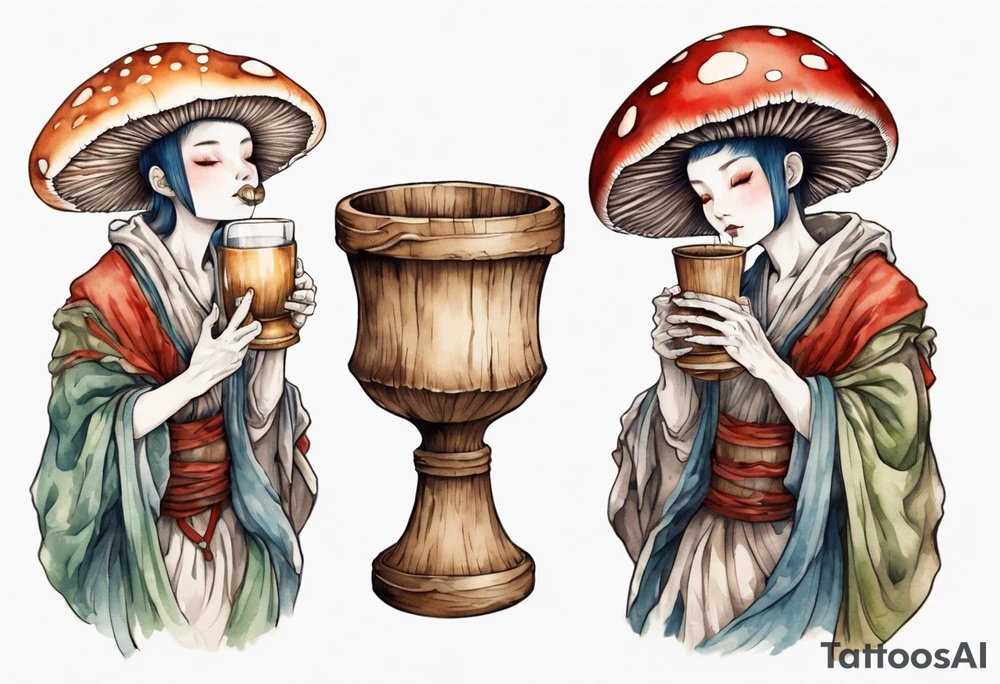 mushroom wearing a medieval tunic drinking from a wood cup tattoo idea