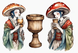 mushroom wearing a medieval tunic drinking from a wood cup tattoo idea