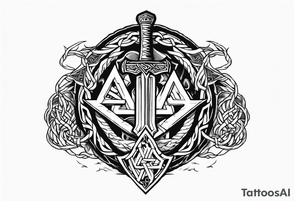 Valhalla sword shield dragon axe Valknut barbed wire chains fire tattoo idea Valhalla sword shield dragon axe Valknut barbed wire chains fire tattoo idea