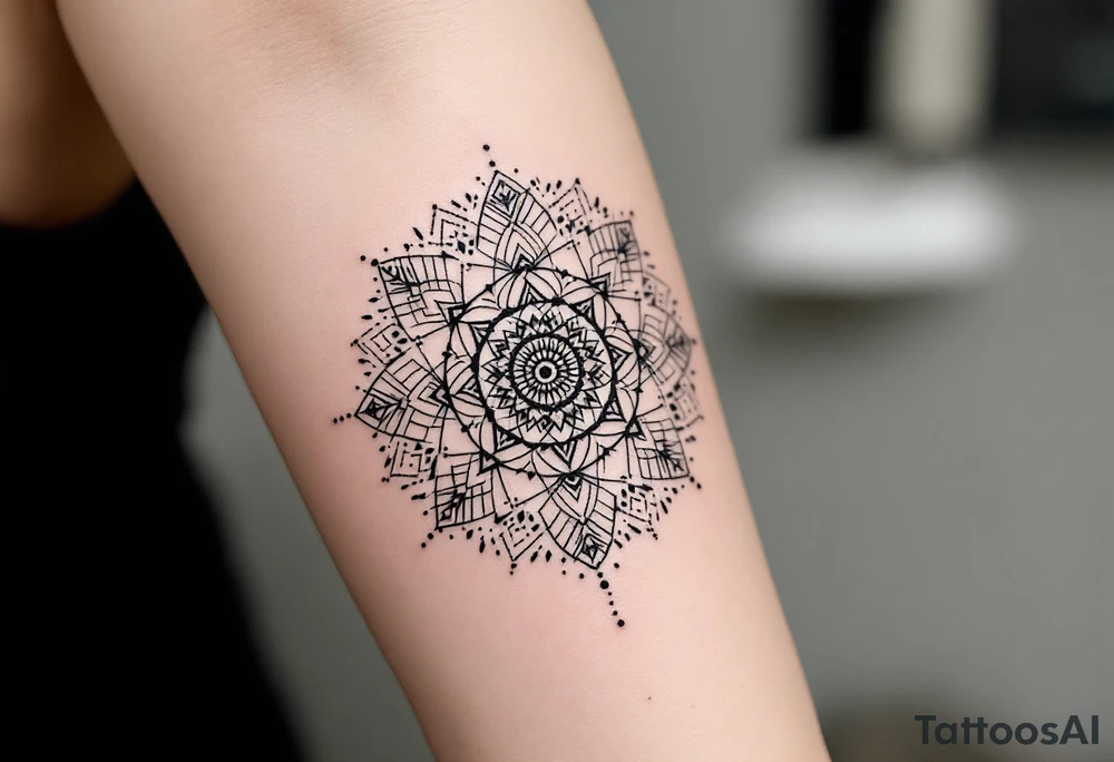 fine-line tattoo, sacred geometry mandala, centerpiece design, dotwork patterns, radiating geometry, symmetrical mandala, geometric shapes, intricate dotwork, sacred patterns, mandala center, geometric radiating, fine line work, black grey shading, minimalist design, no outlines, arm placement, delicate linework, precise geometry, clean symmetry, sacred symbols, geometric precision, dotwork details, mandala focal point, refined patterns, understated complexity, geometric harmony
\ tattoo idea