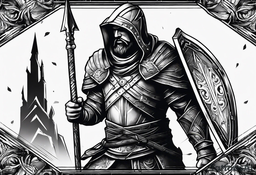 a spear pointing down with a shield in front of it tattoo idea