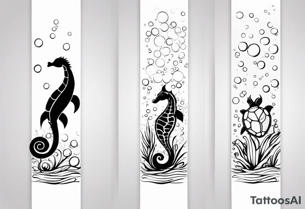 Small Starfish, Seahorse and turtle in a vertical line with bubbles tattoo idea Small Starfish, Seahorse and turtle in a vertical line with bubbles tattoo idea