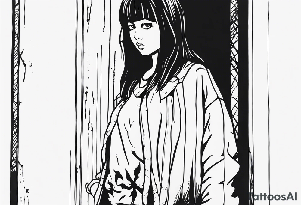 portrait of tomie standing up a character by the horror manga author junji ito full body standing murderously. add more horror and gore elements tattoo idea