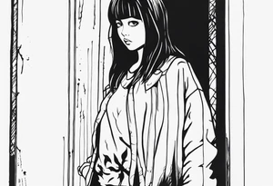 portrait of tomie standing up a character by the horror manga author junji ito full body standing murderously. add more horror and gore elements tattoo idea