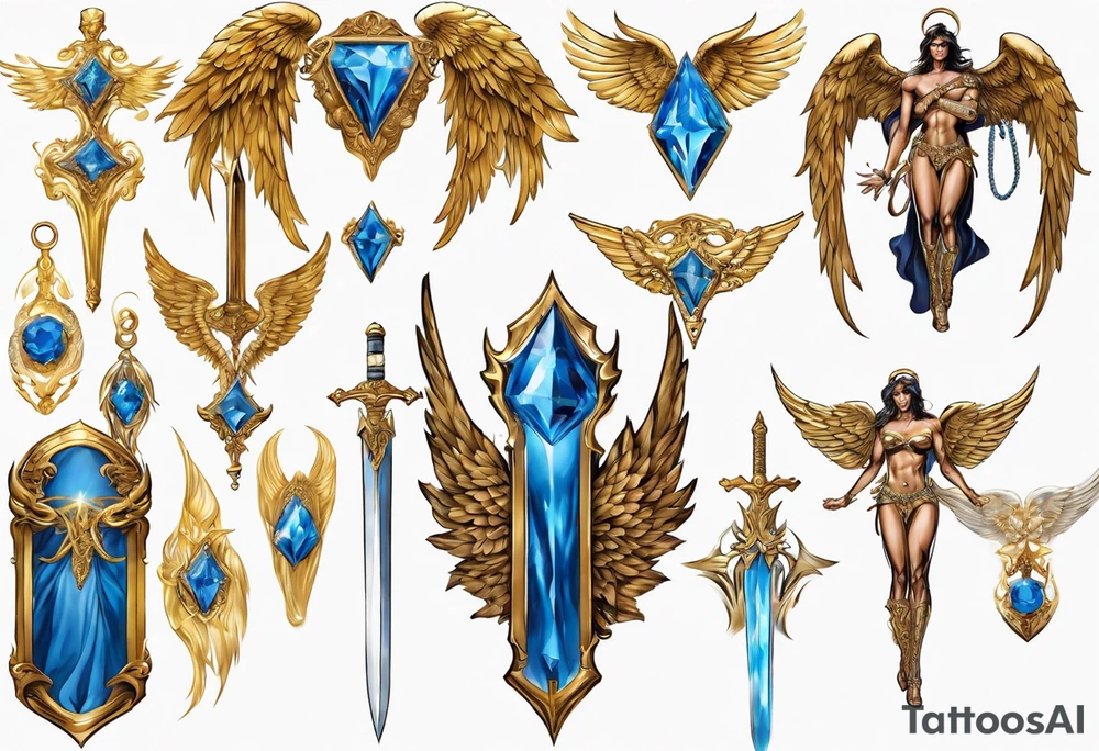 Bright Gold jewelry
Bronze wrist bands
Winged Angel
Sword
Muscle
Blue
Diamonds
Leather
White robe tattoo idea
