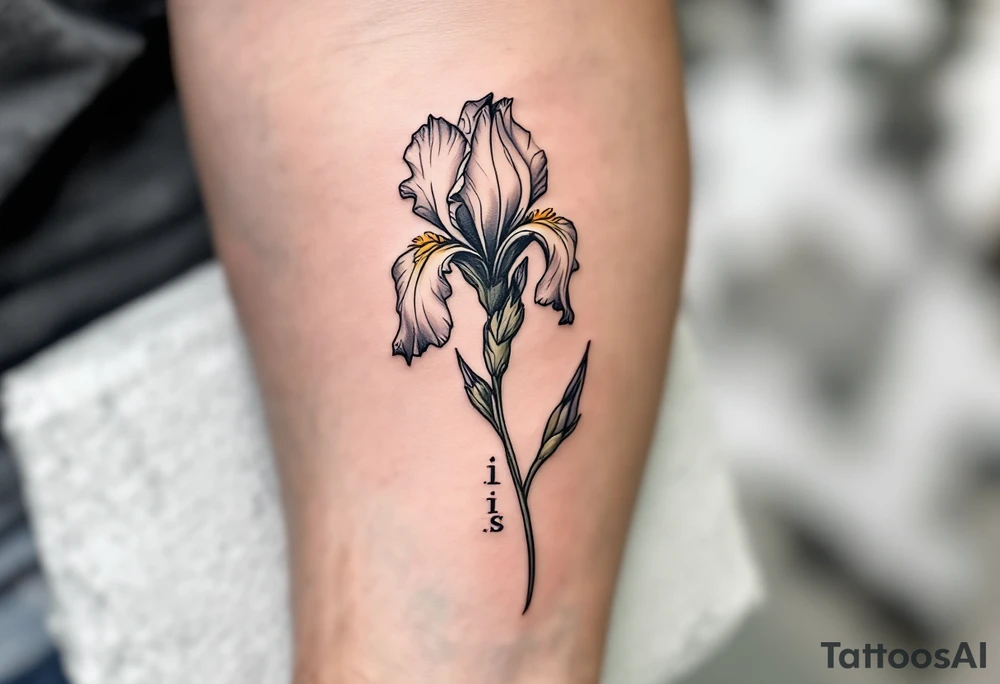 iris flower with the name iris written in the stem of the flower tattoo idea