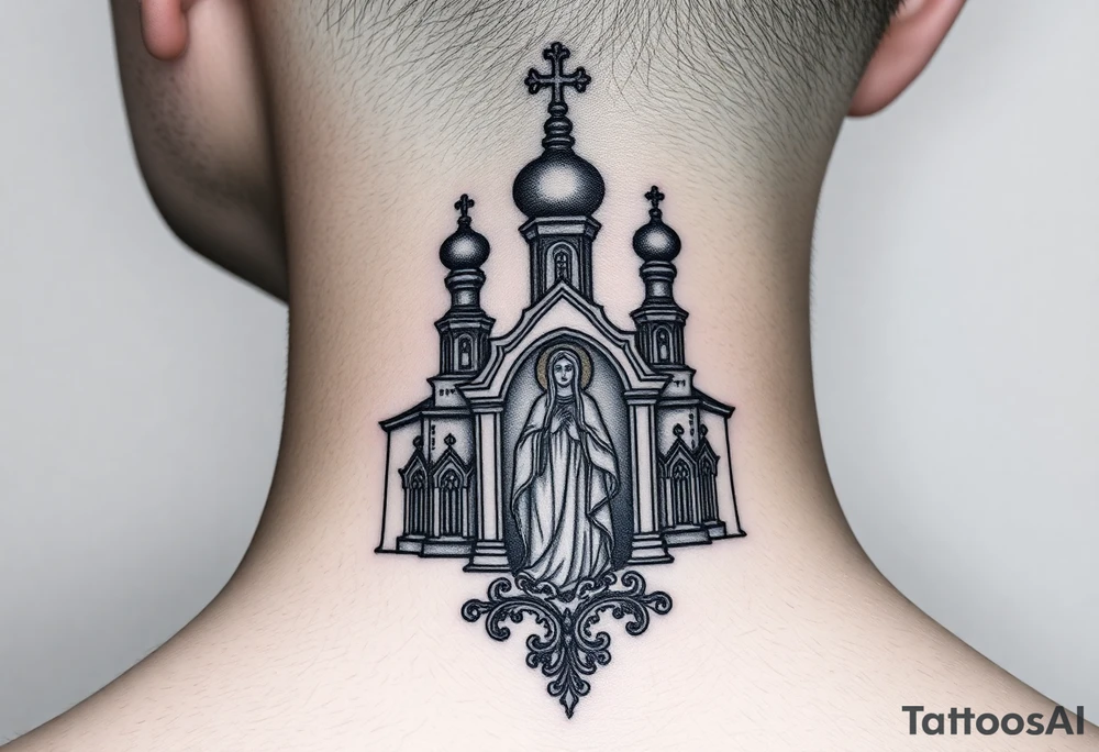medium traditional russian orthodox church with russian coat arms and virgin mary tattoo idea