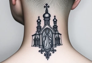 medium traditional russian orthodox church with russian coat arms and virgin mary tattoo idea