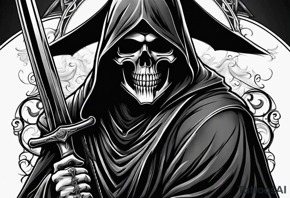grim reaper with sword and pistol tattoo idea