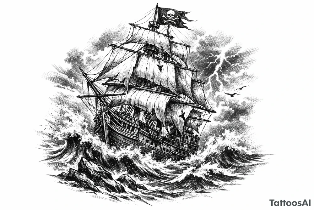 a pirate ship on stormy sea. tattoo idea