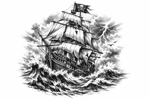 a pirate ship on stormy sea. tattoo idea