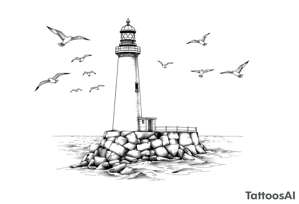Lighthouse in the sea with jetty around flying seagulls tattoo idea