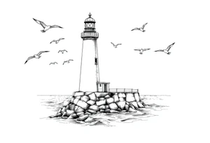 Lighthouse in the sea with jetty around flying seagulls tattoo idea