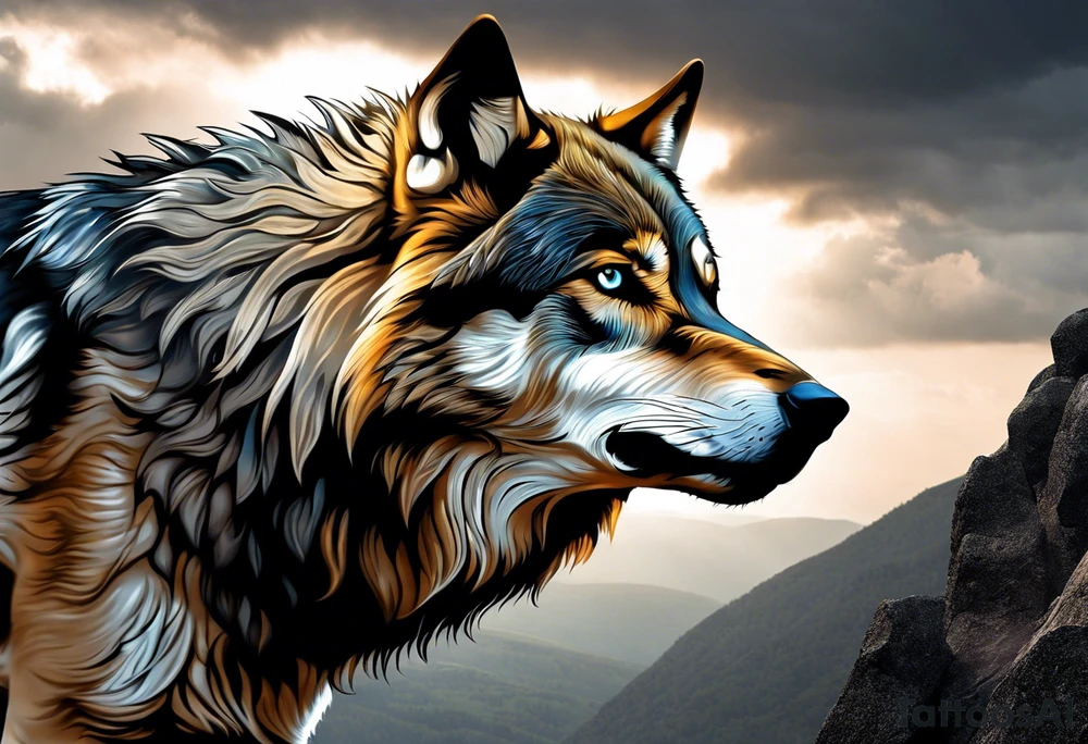 tattoo of a lone wolf navigating through a rugged landscape, with each obstacle representing a life battle – rocky terrain symbolizing challenges, storm clouds signifying hardships, and wild rivers representing struggles. The wolf is depicted with piercing eyes and a determined expression, embodying resilience and strength as it forges ahead. In the background, a subtle glow of sunlight breaks through the clouds, symbolizing hope and perseverance. Alongside the wolf, the phrase "Endure and Conquer" is inscribed in bold, minimalist lettering, encapsulating the theme of overcoming adversity with resilience and determination. tattoo idea