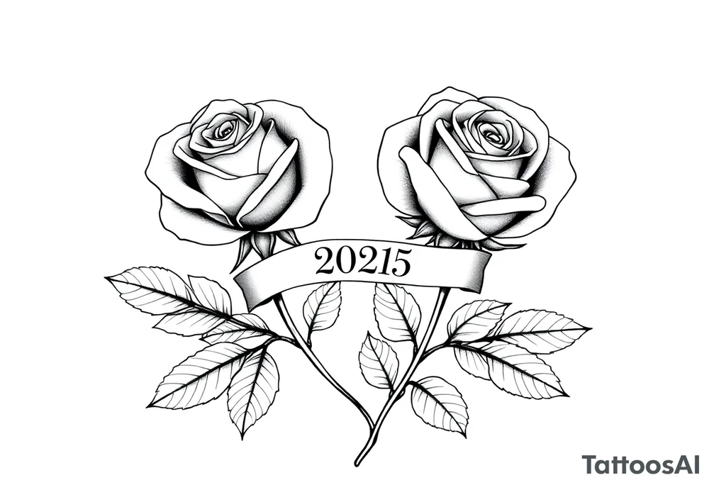two beautiful large rose buds, one larger than the other, with many leaves next to the rose buds, with one sitting higher than the other. Include a banner connecting the two roses with the year "2025" on it.   Use dark outlines with little shading. The two stems should be short, not long, and connect and join into one stem, whimsically curved or twisted - not straight down. tattoo idea