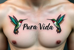 “Pura Vida” in handwritten font with two hummingbirds in emerald green and ruby red flanking the phrase. tattoo idea