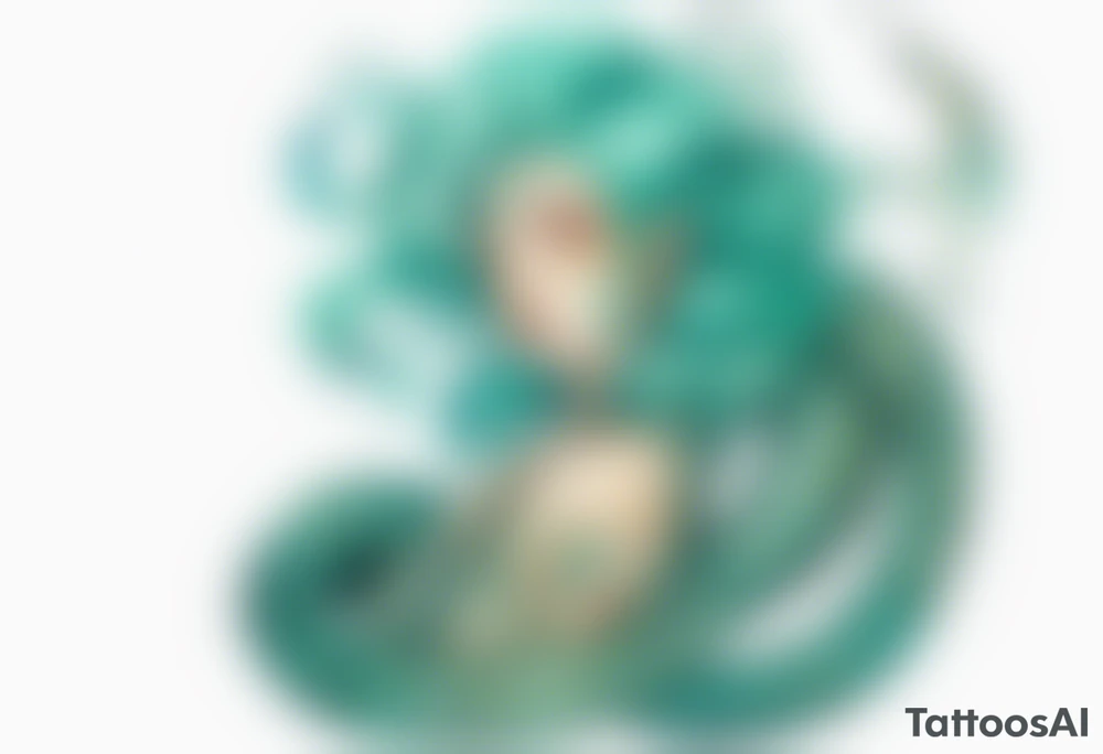A beautiful woman with teal hair who is a serpent from the waist-down with turquois scales. tattoo idea