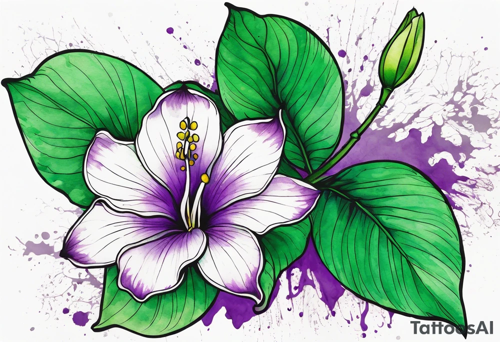 An outline of a green rio dipladenia flower and a green and purple watercolor splash in the background tattoo idea