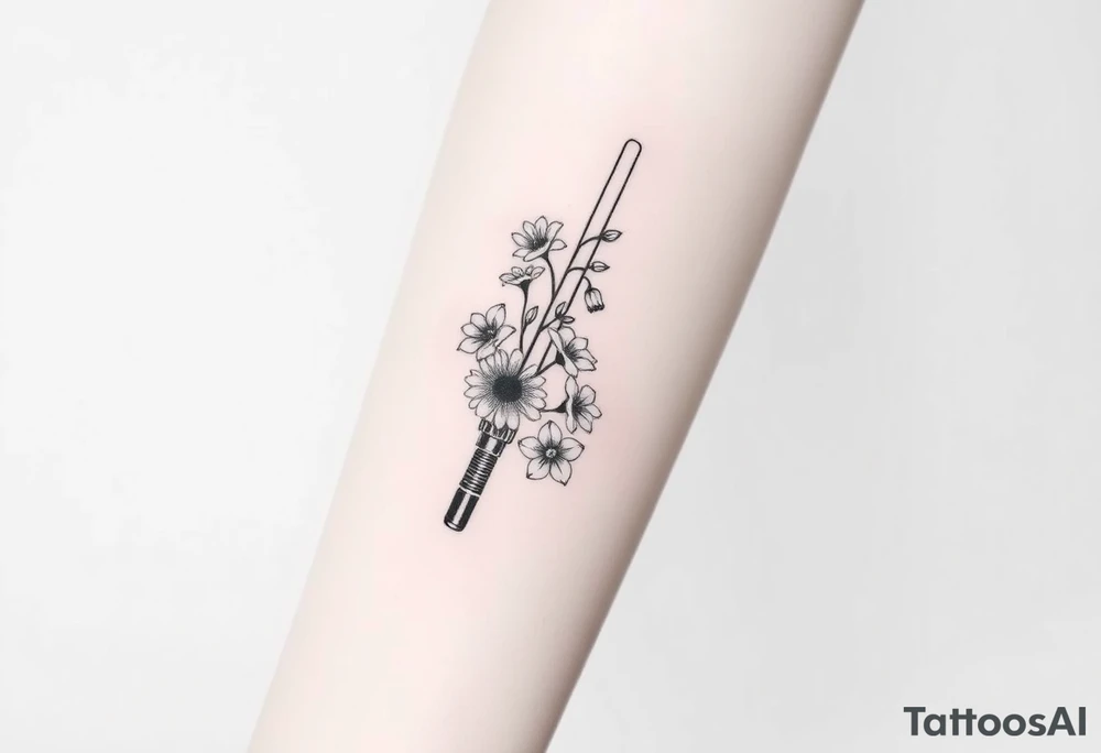 Star Wars Lightsabre with daisies, morning glory, and lily of the valley inside it tattoo idea