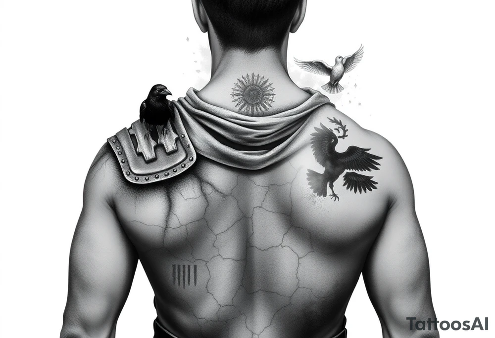 A black and grey tattoo sleeve design symbolizing silent battles and resilience. A worn gladiator with cracks in his armor stands tall, battle-weary but unbroken. Behind him, a shadowy figure represents the unseen struggles, partially obscured in mist. A single raven sits on his shoulder, symbolizing past darkness, while a faint dove soars above, representing faith and favor. Subtle tally marks blend into the background, representing victories no one sees. The design flows naturally with a balance of dark and light elements, blending realism with a slightly surreal feel. tattoo idea