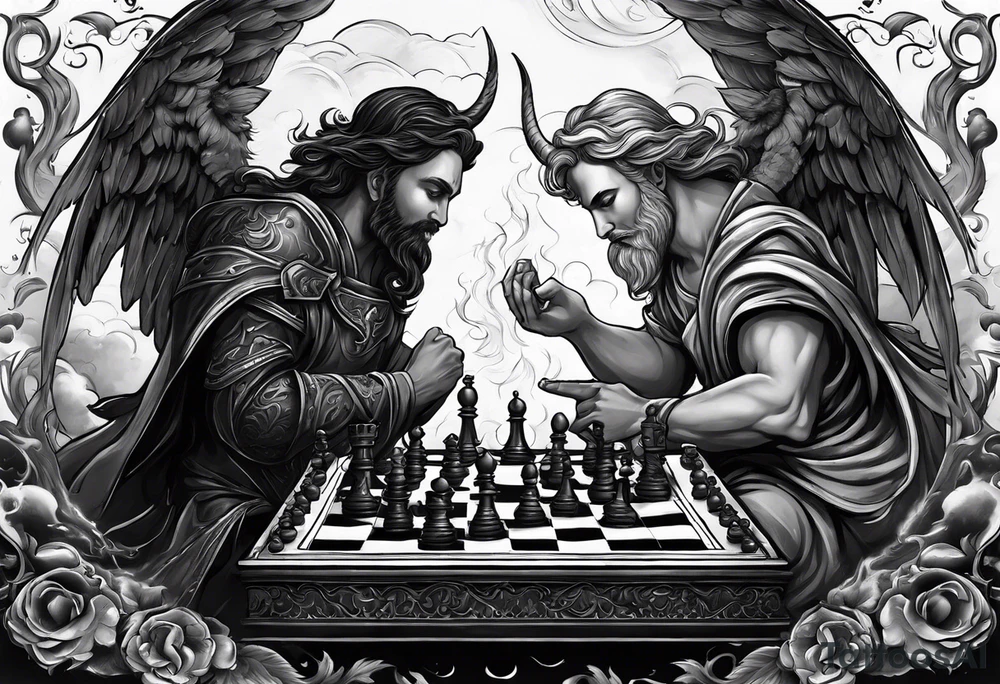 Depict an angel and demon playing chess on a board that morphs from celestial clouds to fiery inferno, representing the merging of the spiritual realms in the eternal game tattoo idea